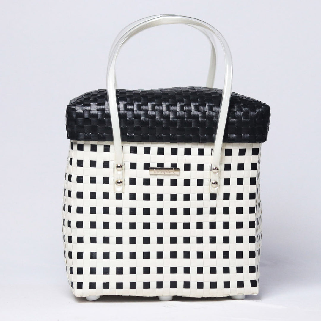 Handwoven Black & White Checked Storage Basket With Lid