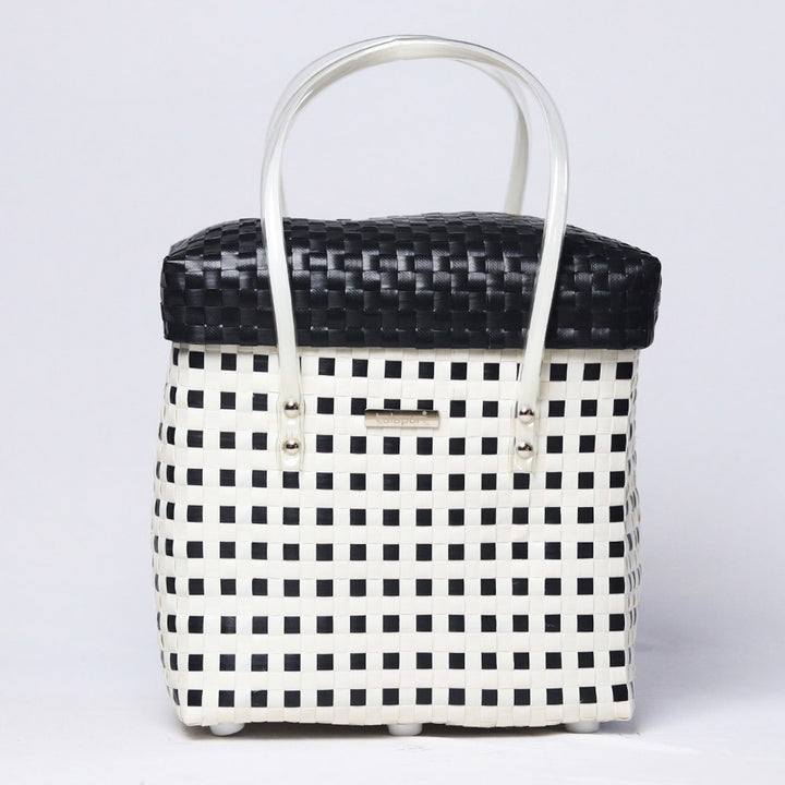Handwoven Black & White Checked Storage Basket With Lid