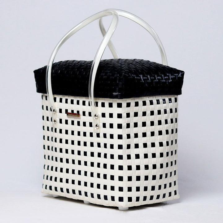 Handwoven Black & White Checked Storage Basket With Lid