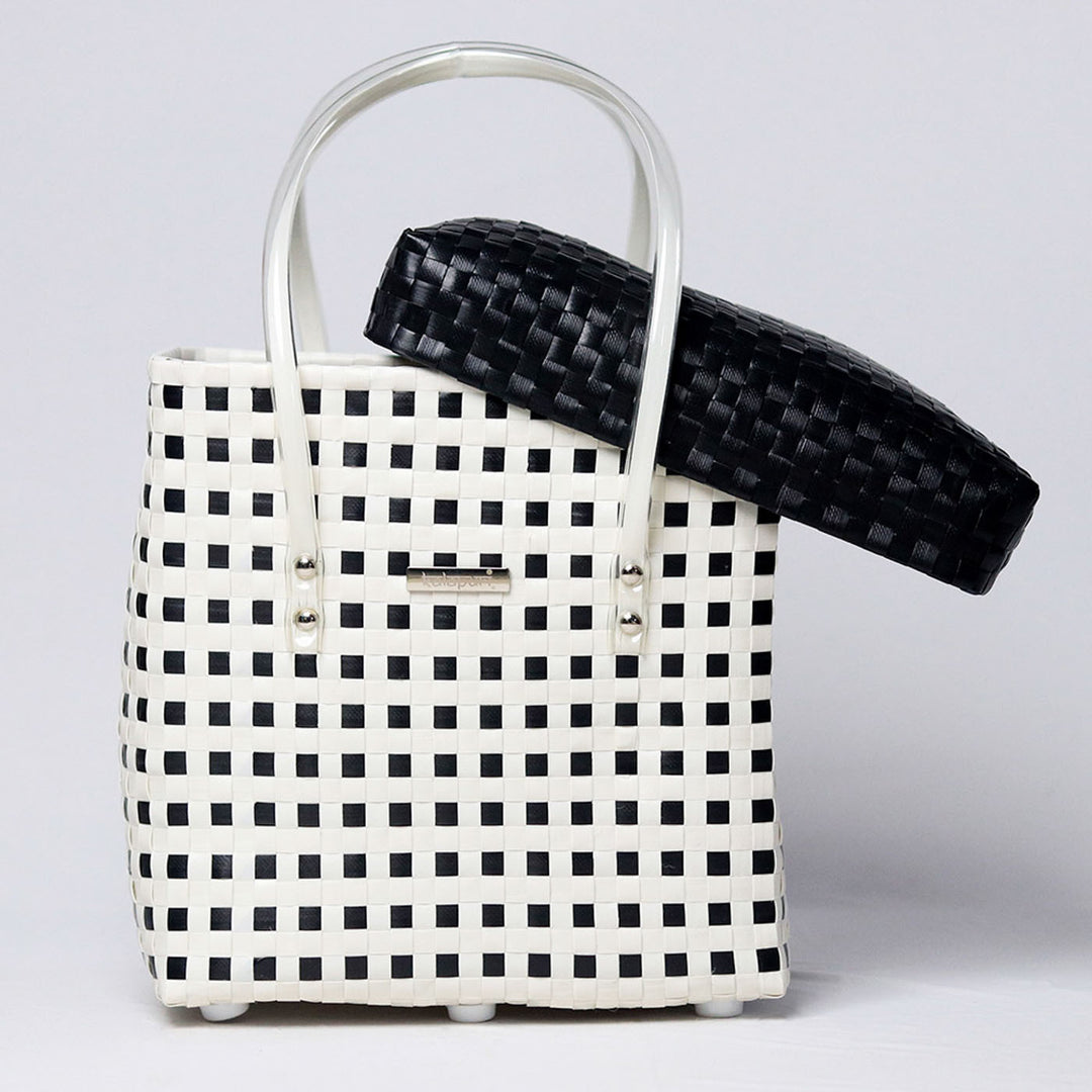 Handwoven Black & White Checked Storage Basket With Lid
