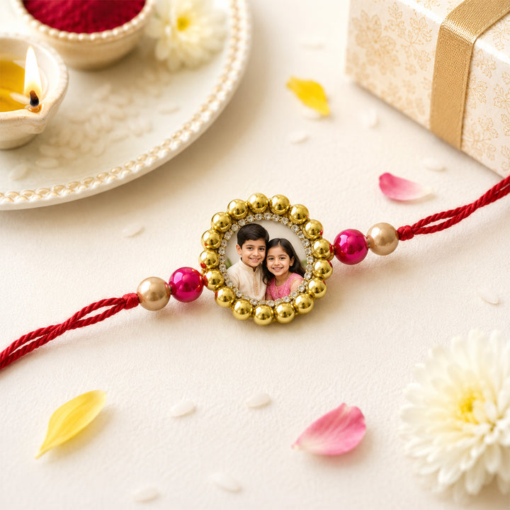 Personalized Handmade Beaded Photo Rakhi With Roli Chawal For Brother