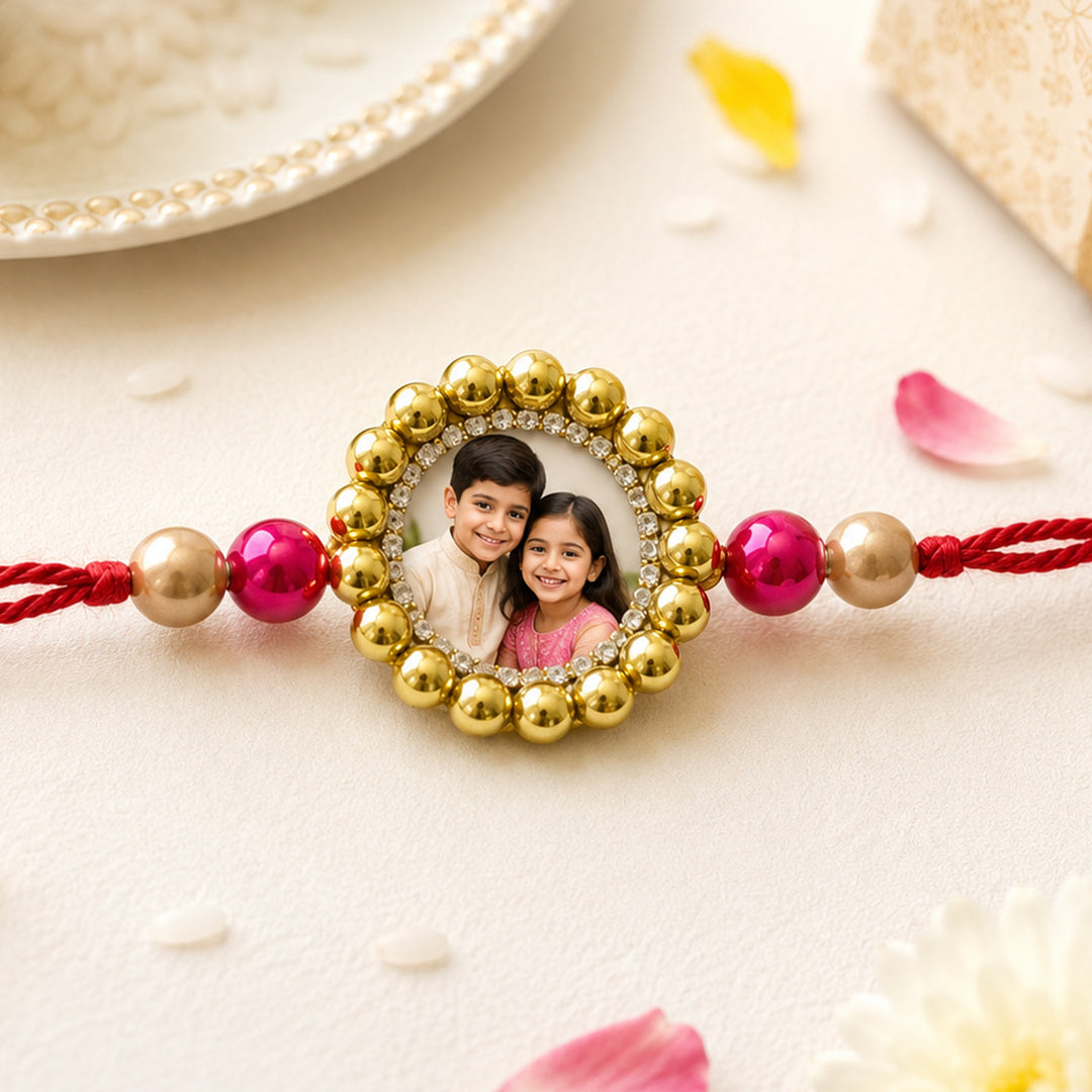 Personalized Handmade Beaded Photo Rakhi With Roli Chawal For Brother