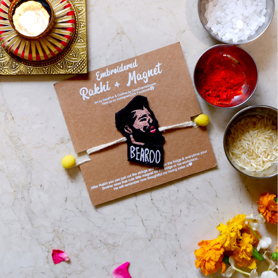 Handmade Reusable Beardo Pom Pom Felt Rakhi For Brother - Product Packaging Display
