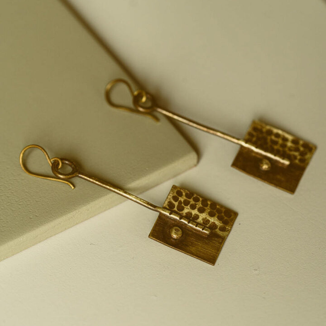 Handmade Beaten Square Brass Earrings