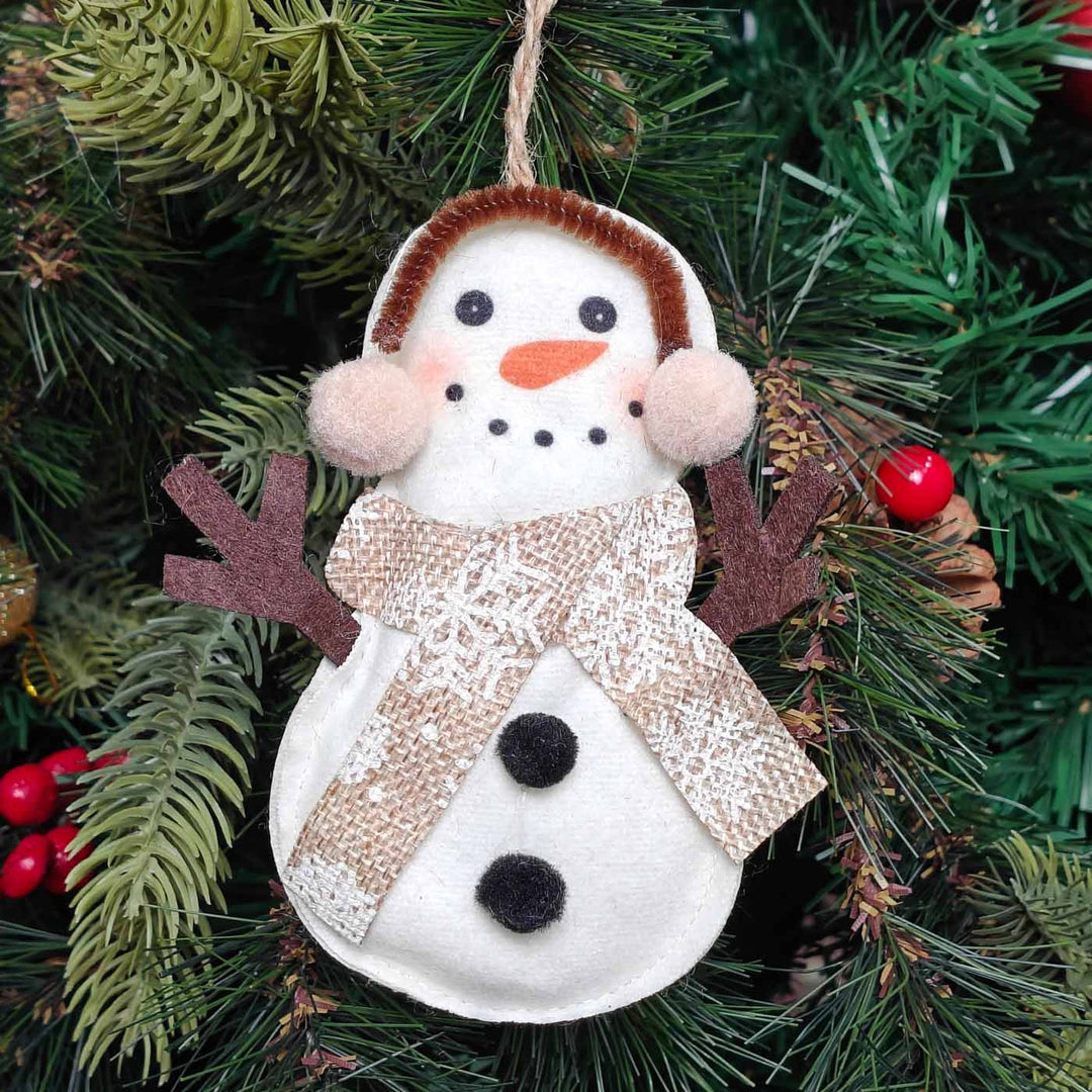 Handmade Beige Scarf Snowman Plush Ornament