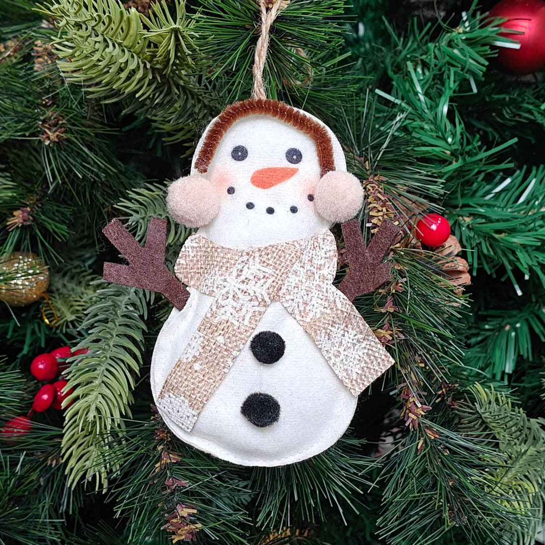 Handmade Beige Scarf Snowman Plush Ornament