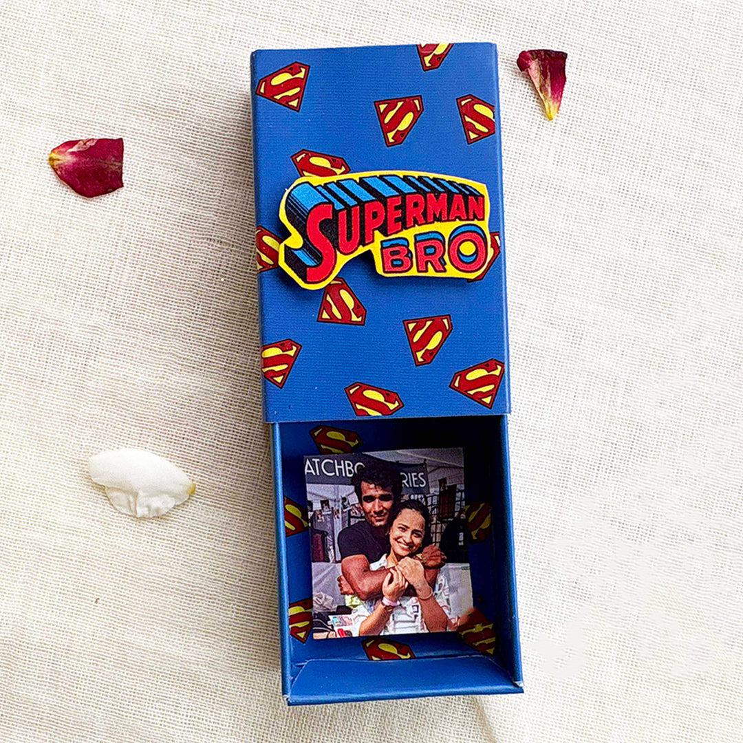 Personalized Photo "Superhero" Theme Rakhi Gift for Brother | Rakhi, Matchbox Card & Photo Magnet Combo