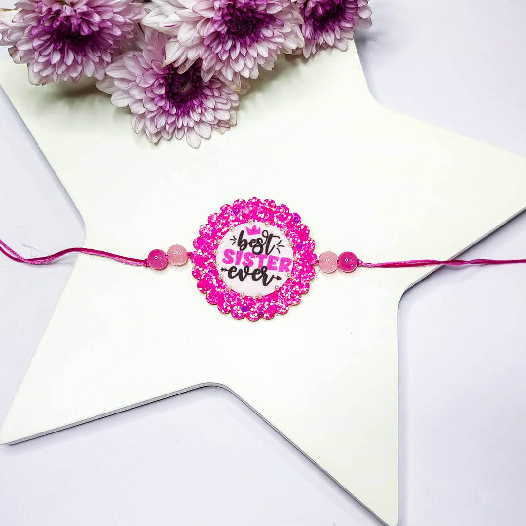 Sparkly Strong Bro Elephant Rakhi - Front View with Pink "Best Sister Ever" Design