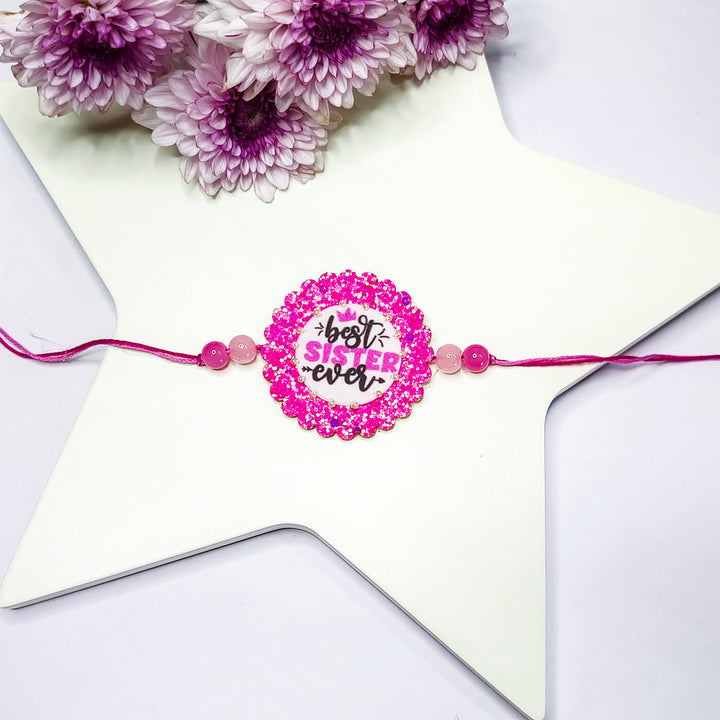 Sparkly Strong Bro Elephant Rakhi - Front View with Pink "Best Sister Ever" Design