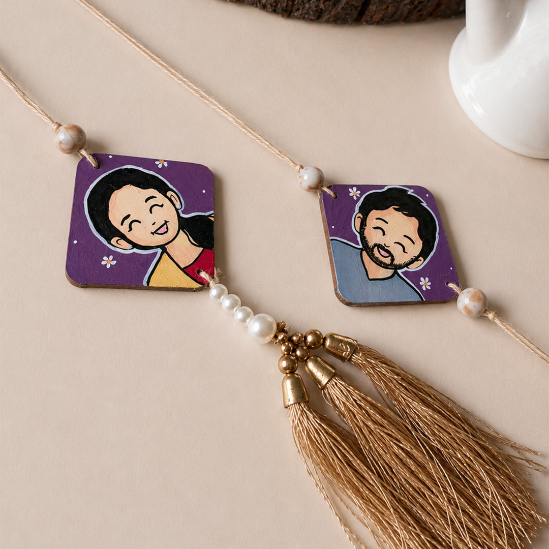 Photo Personalized Handpainted Reusable Caricature Mdf Wood Bhaiya Bhabhi Rakhi With Roli Chawal | Set Of 2