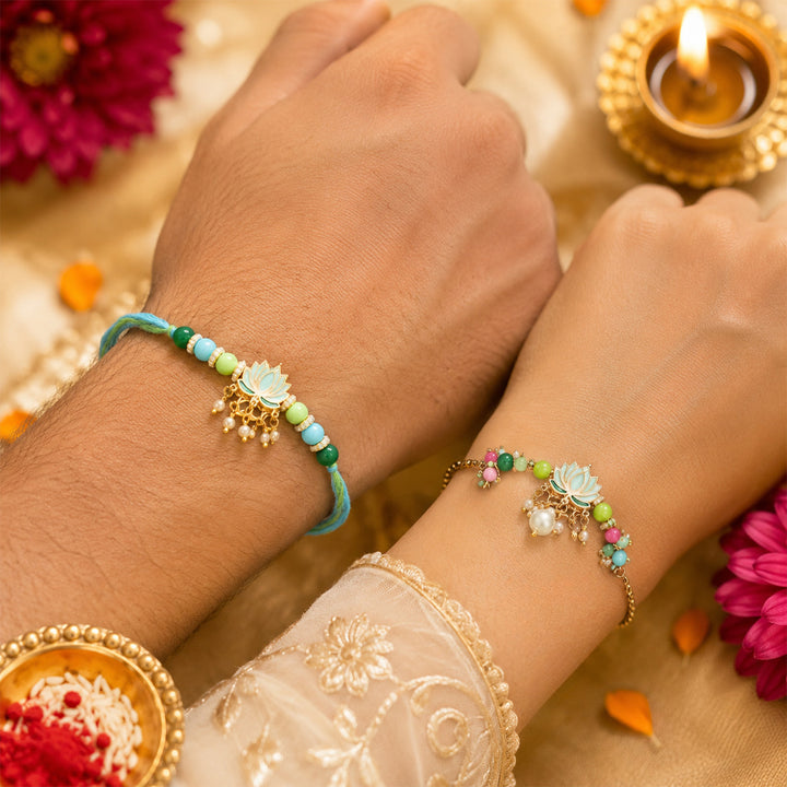 Handmade Beaded Peach Lotus Rakhi & Bracelet Lumba Gift Set For Bhaiya Bhabhi | Set of 2