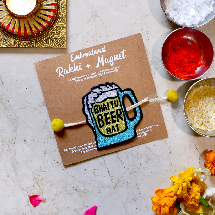 Handmade Reusable Bhai Tu Beer Hai Pom Pom Felt Kids Rakhi - Product on Display Card