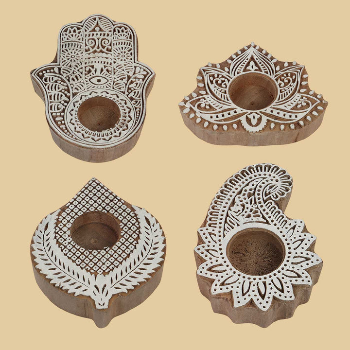 Handmade Beige & White Mangowood Tealight Holder | Set of 4