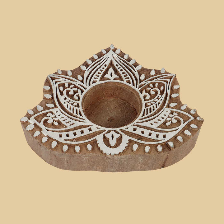 Handmade Beige & White Mangowood Tealight Holder | Set of 4