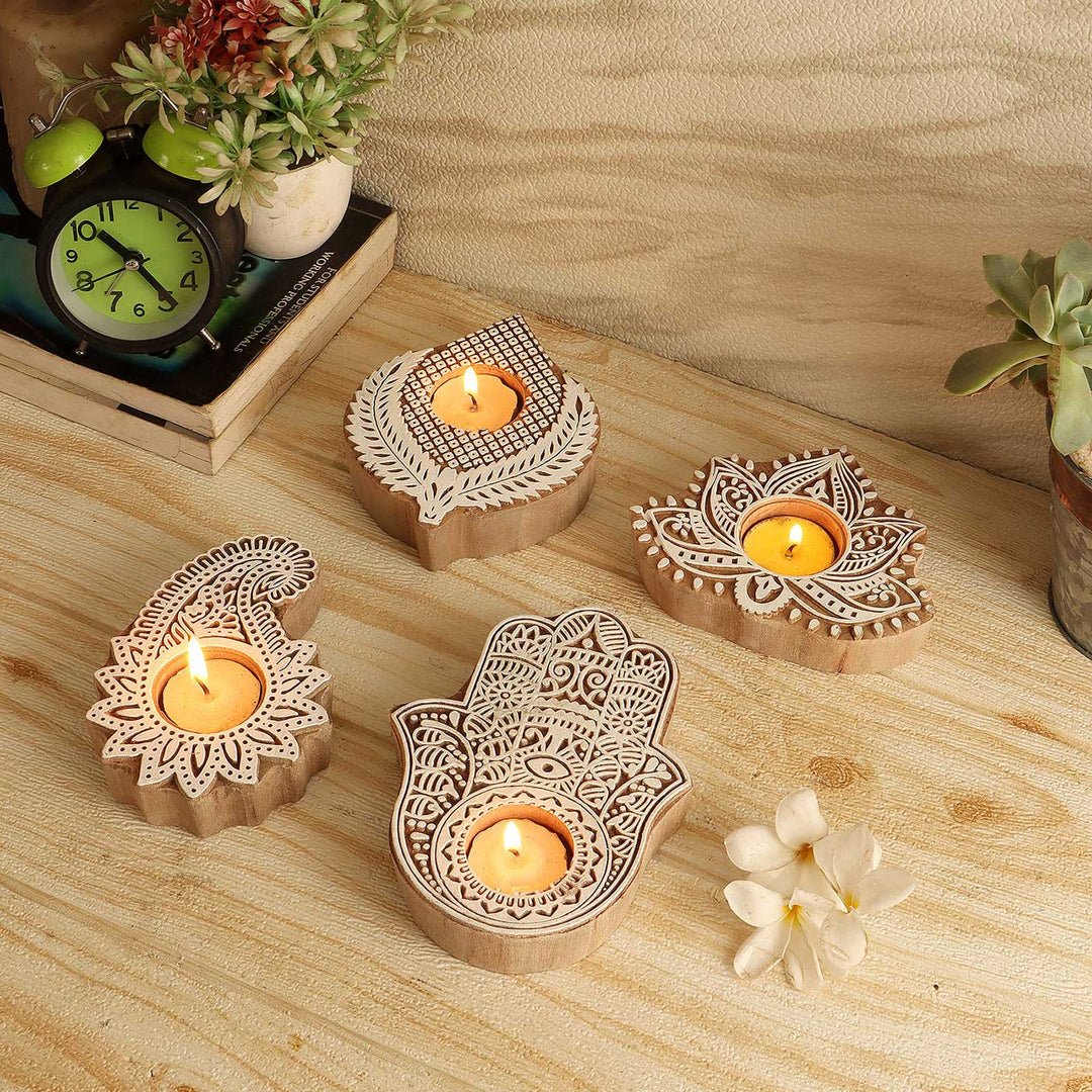 Handmade Beige & White Mangowood Tealight Holder | Set of 4