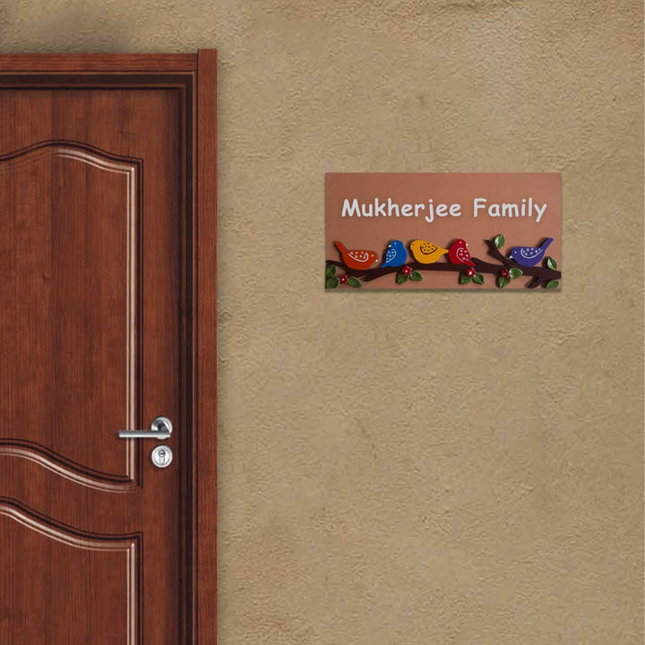 Personalized Handmade Birds On A Branch Rectangle Mdf Wood Name Plate - Mounted on Entryway Wall