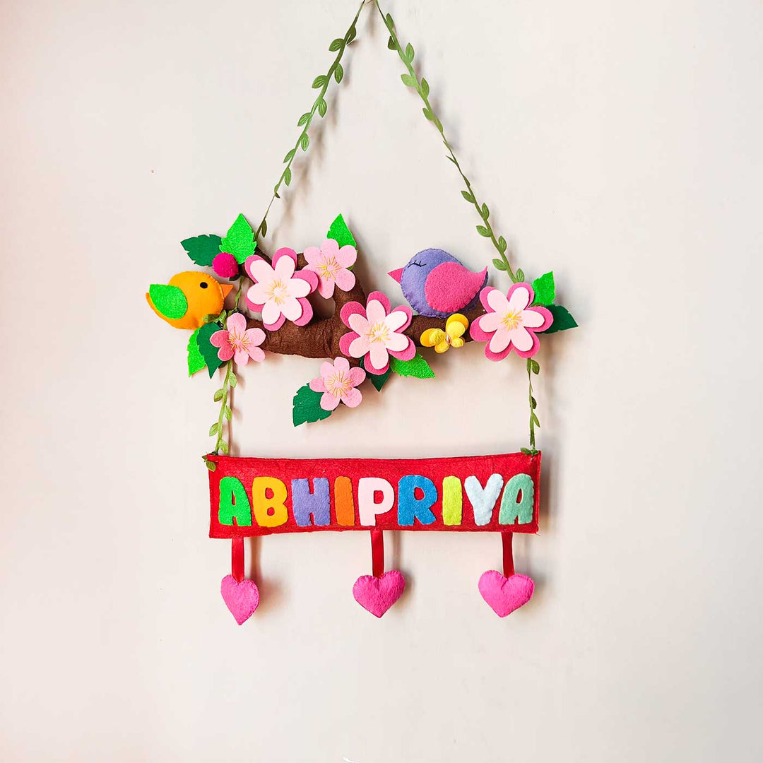 Personalized Birds And Flowers Theme Felt Kids Name Plate - Hanging Name Personalization Example
