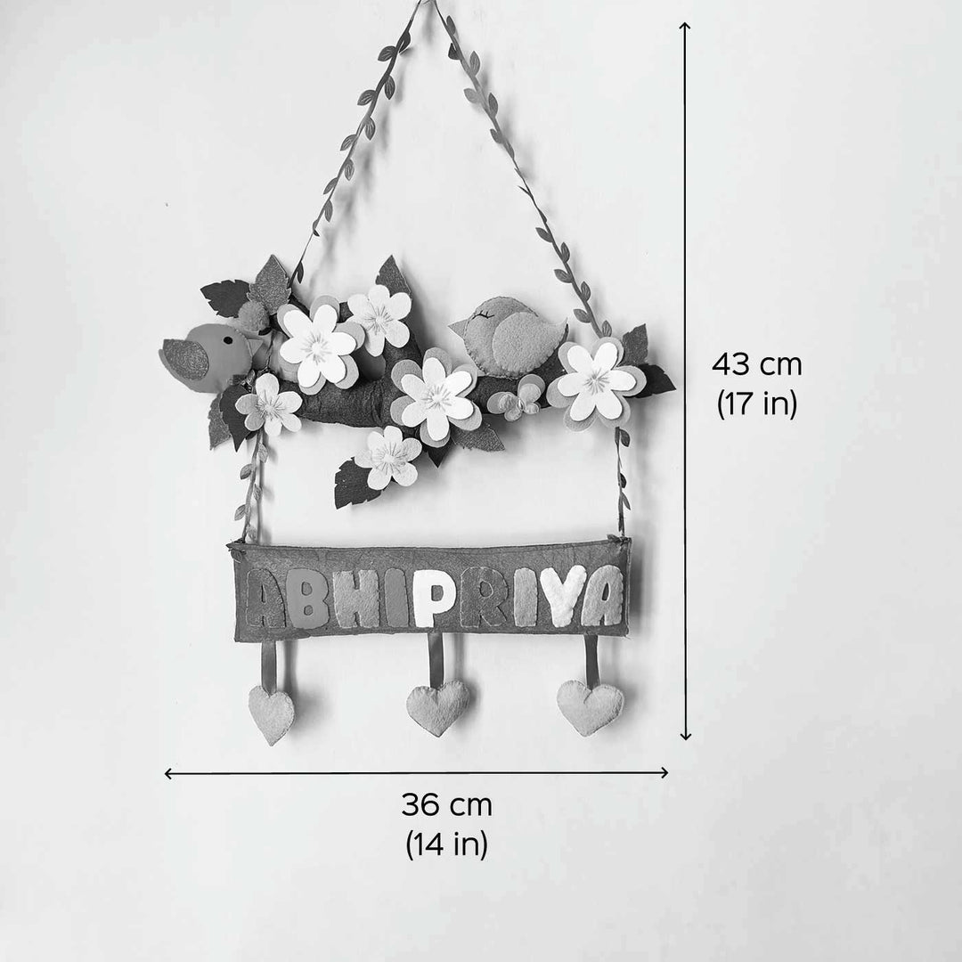 Personalized Birds And Flowers Theme Felt Kids Name Plate - Dimension Chart with Hanging Display