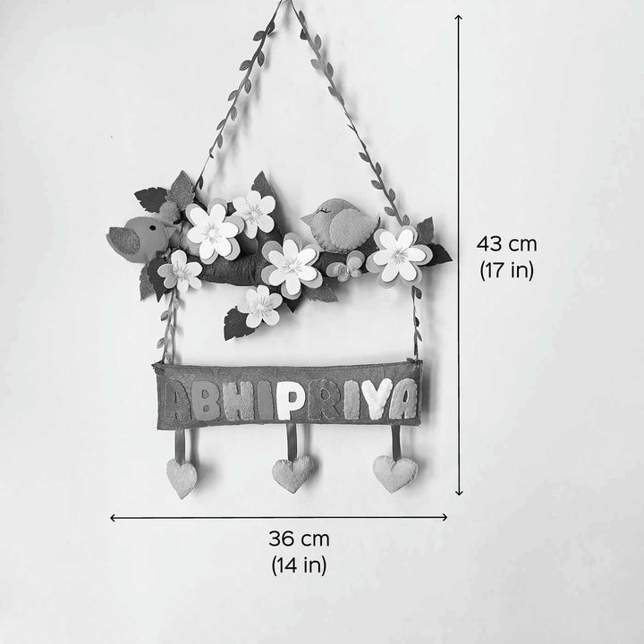 Personalized Birds And Flowers Theme Felt Kids Name Plate - Dimension Chart with Hanging Display