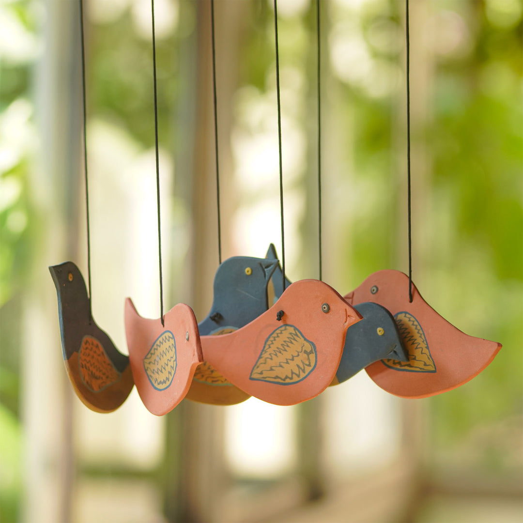 Handmade Nerikomi Ceramic Blue & Orange Bird Windchime