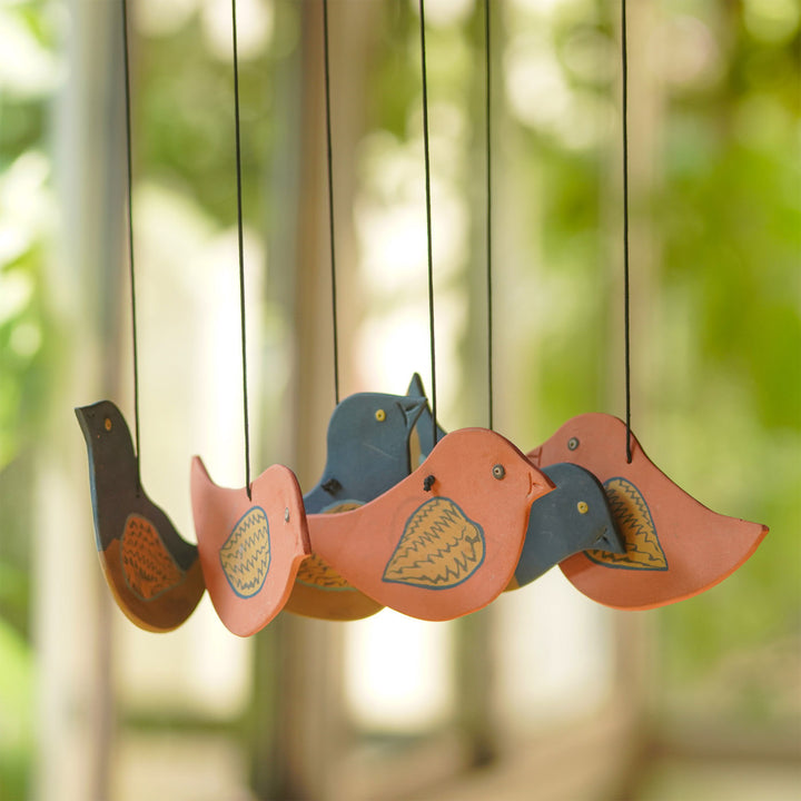 Handmade Nerikomi Ceramic Blue & Orange Bird Windchime