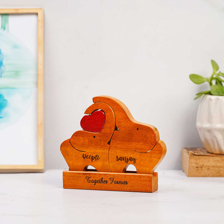 Personalized Elephant Couple Neem Wood Keepsake with Base Stand