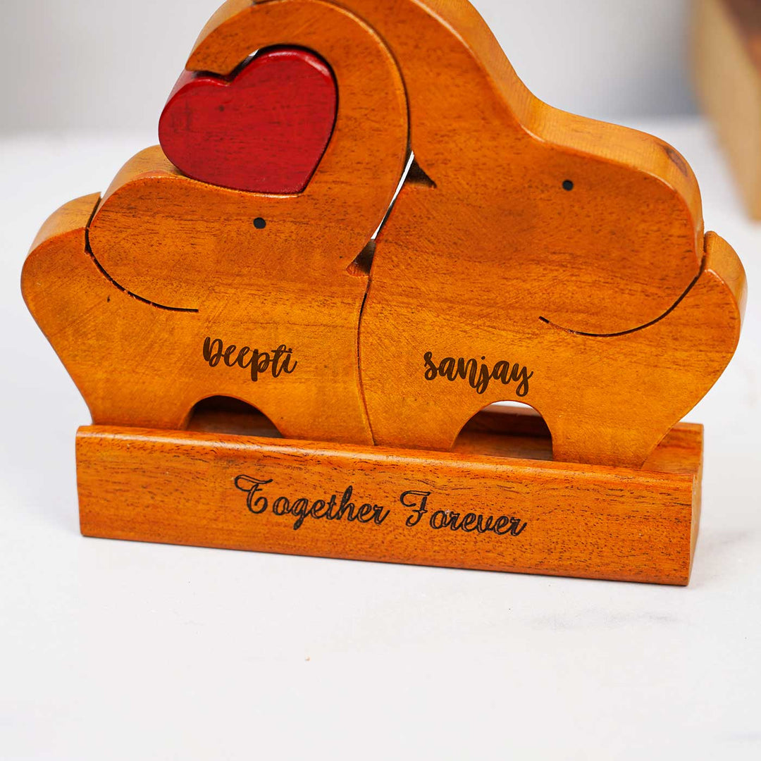 Personalized Elephant Couple Neem Wood Keepsake with Base Stand