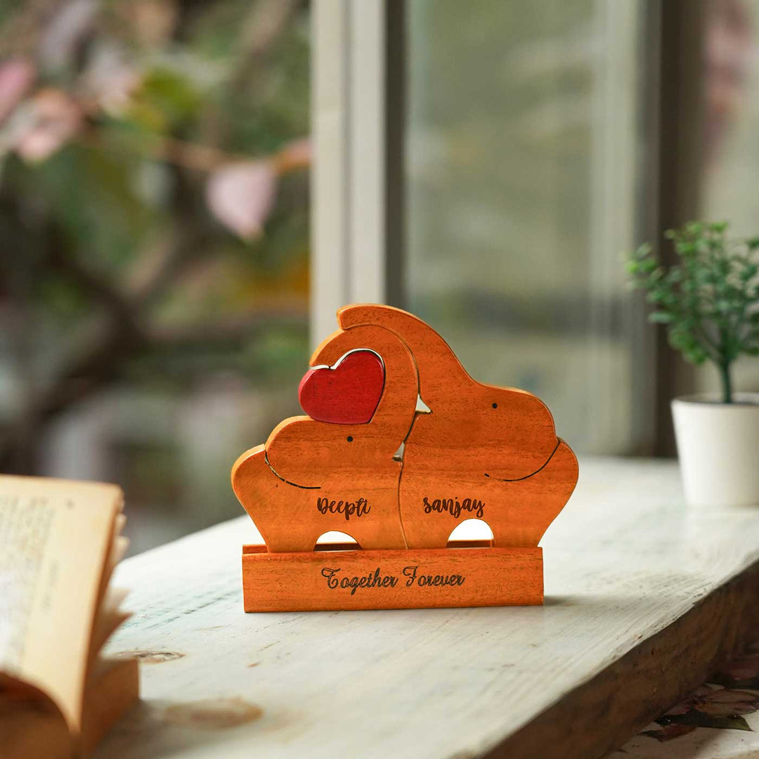 Personalized Elephant Couple Neem Wood Keepsake with Base Stand