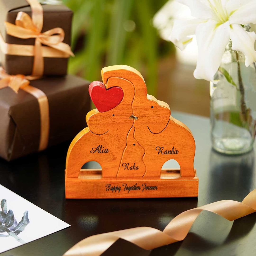 Personalized Elephant Family Neem Wood Figurine Keepsake