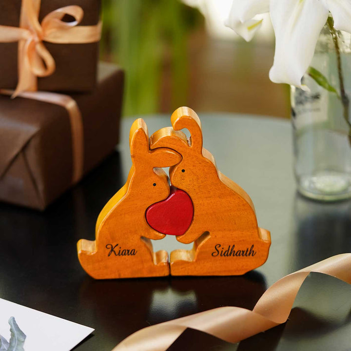 Personalized Rabbit Couple Neem Wood Figurine Keepsake