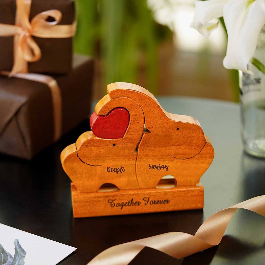 Personalized Elephant Couple Neem Wood Keepsake with Base Stand