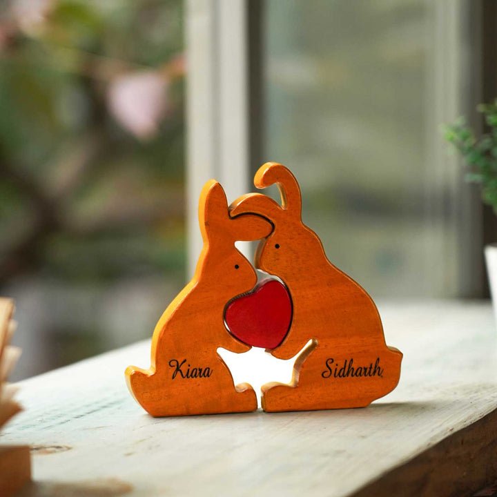Personalized Rabbit Couple Neem Wood Figurine Keepsake