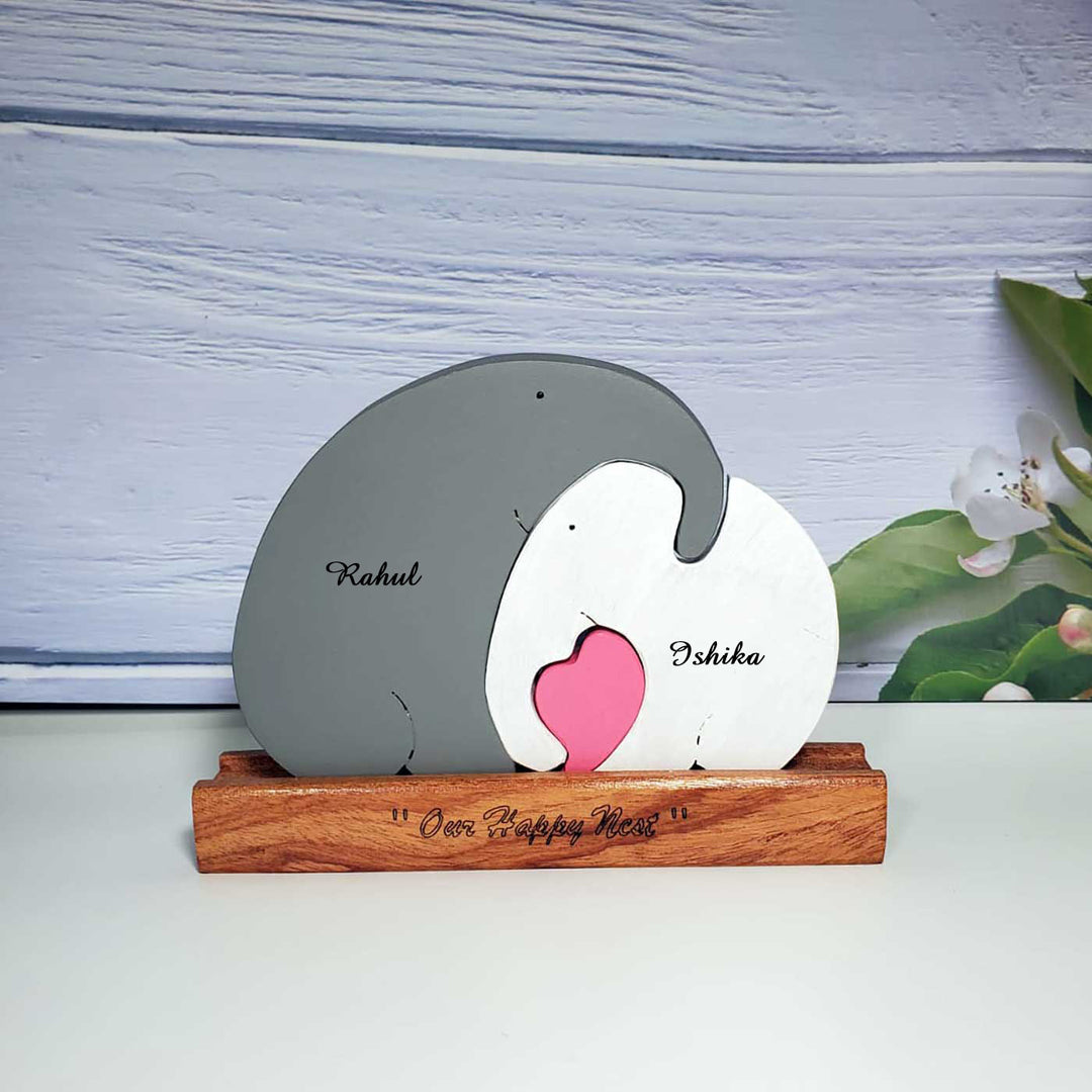 Personalized Elephant Couple Neem Wood Keepsake with Base Stand