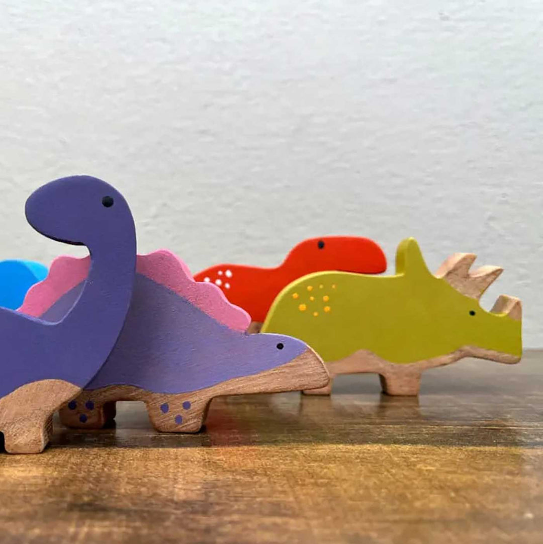 Neem Wood Dinosaur Learning Figurines for Kids I Set of 6