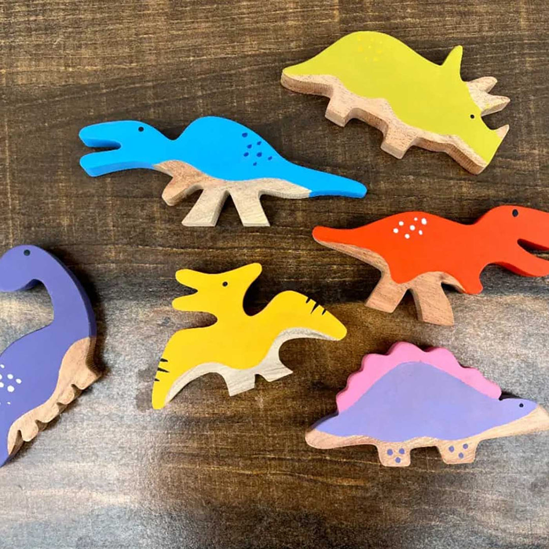 Neem Wood Dinosaur Learning Figurines for Kids I Set of 6