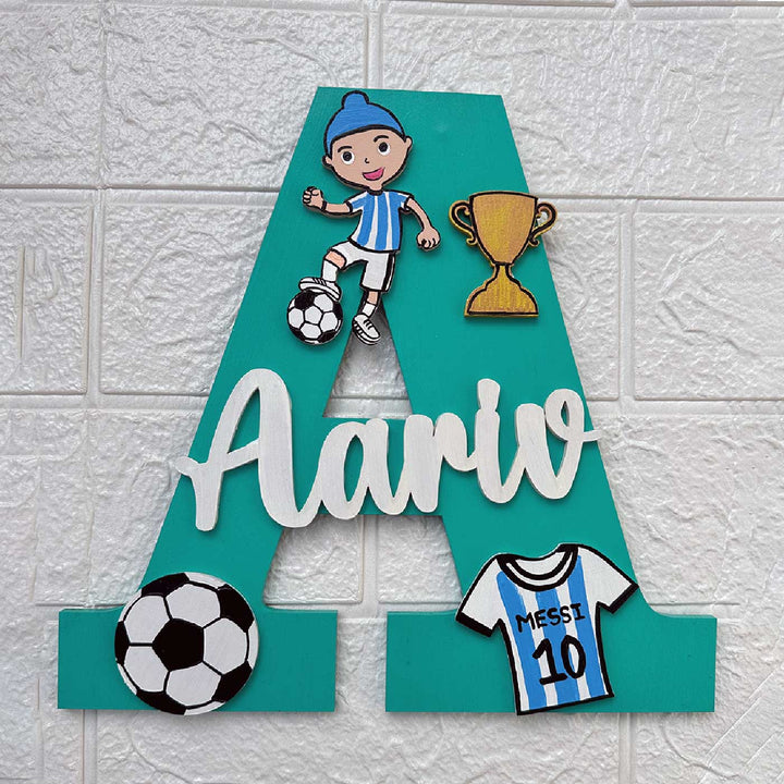Personalized Hand Painted Messi Football Adventure Mdf Wood Monogram With 3D Letters - Front View with Personalized Decorations