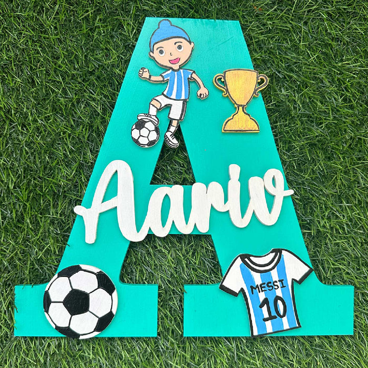 Personalized Hand Painted Messi Football Adventure Mdf Wood Monogram With 3D Letters - Top-down View on Grass Background