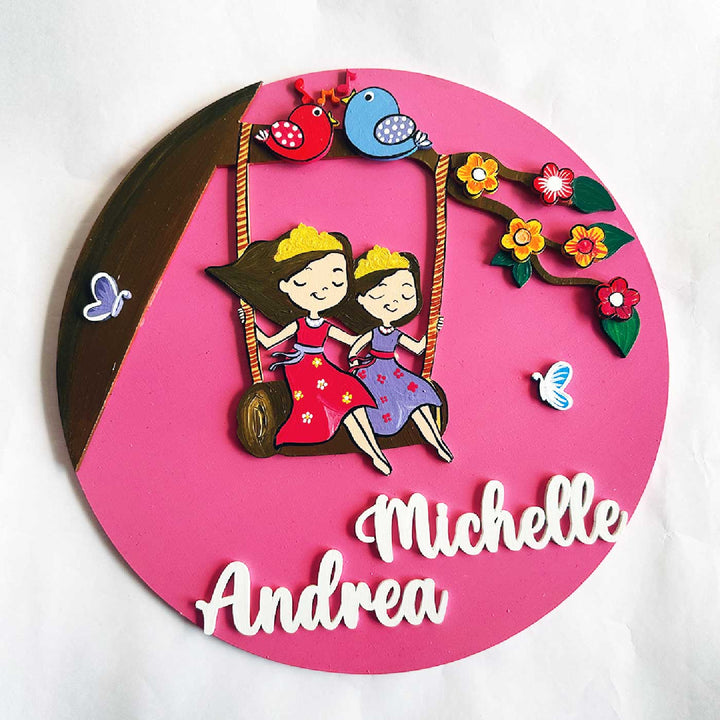 Personalized Hand-painted Swing Sisters Harmony MDF Wood Kids Name Plate With 3D Letters