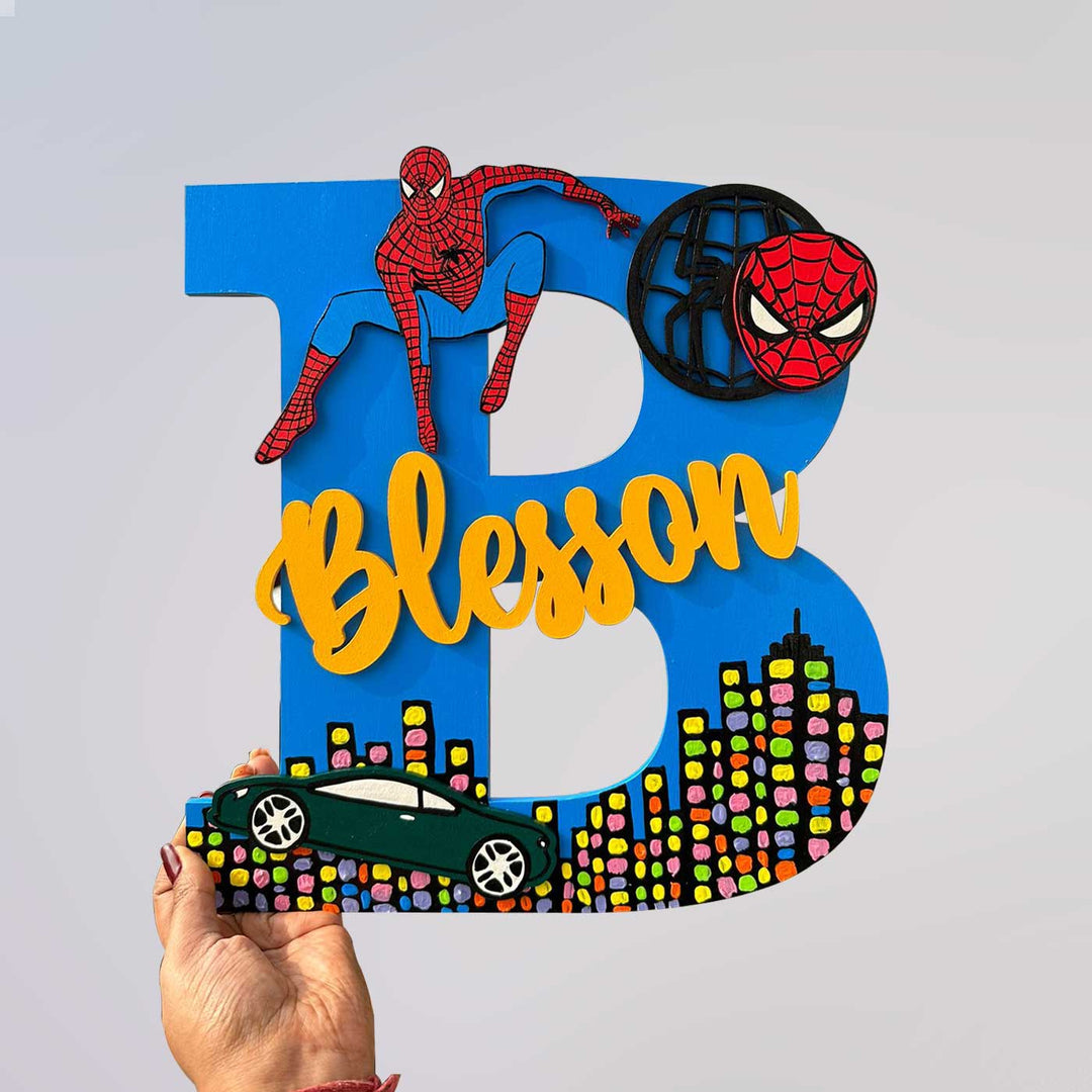 Hand Painted Personalised Kids Spiderman Themed Monogram Nameplate