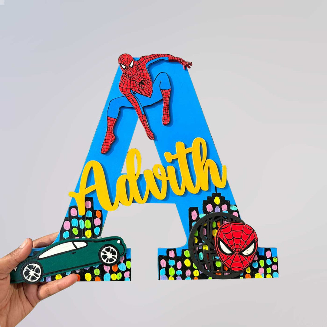 Hand Painted Personalised Kids Spiderman Themed Monogram Nameplate