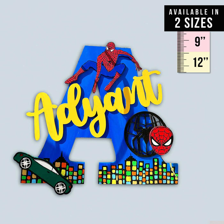 Hand Painted Personalised Kids Spiderman Themed Monogram Nameplate