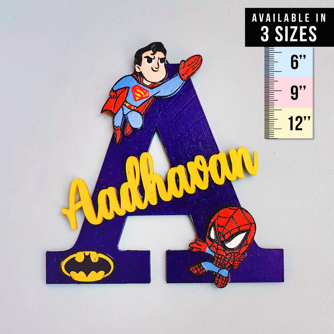 Hand Painted Personalised Kids Spiderman Themed Monogram Name Plate - Front View with Name Personalization