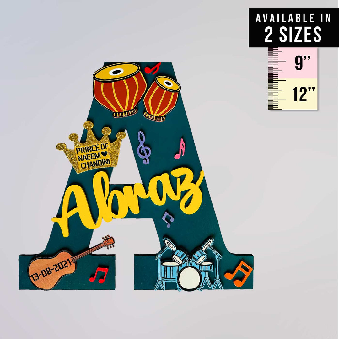 Personalized Hand Painted Musical Birthdate Harmony Mdf Wood Monogram With 3D Letters - Front View with Size Reference