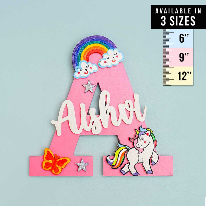 Hand Painted Personalised Kids Unicorn & Rainbow Themed Monogram Nameplate