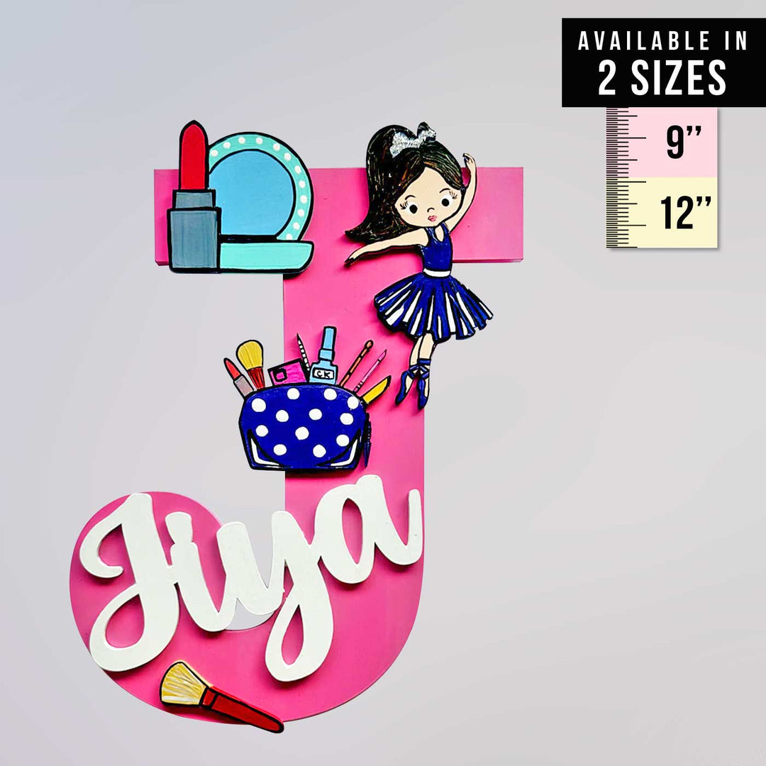 Handcrafted Personalized Kids Makeup Themed Monogram Mdf Nameplate 5 - Front View with Size Comparison