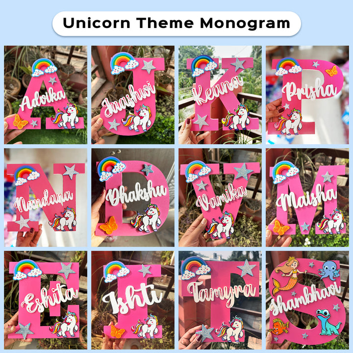 Hand Painted Personalised Kids Unicorn & Rainbow Themed Monogram Nameplate