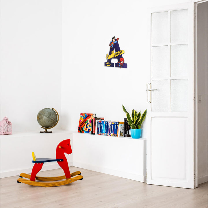Hand Painted Personalised Kids Spiderman Themed Monogram Name Plate - Mounted on Wall Above Bookshelf