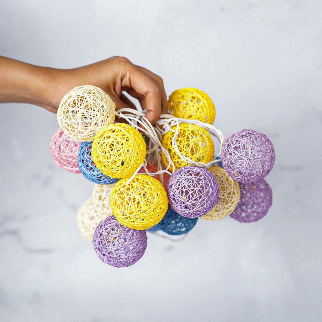 3m, 20 Bulbs | Handcrafted Yarn Spherical LED Fairy Light Hangings - Pastel Colors