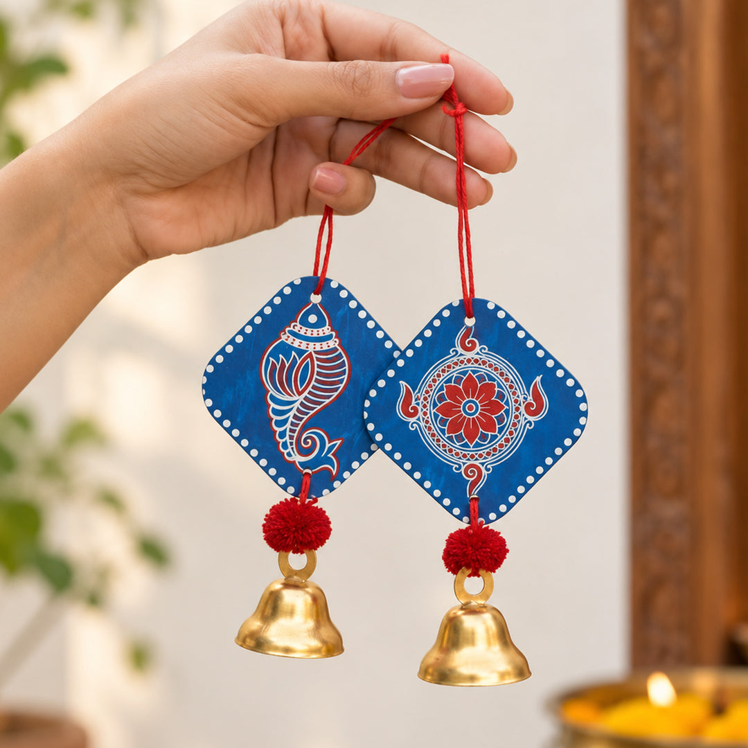 2 Pc | Handcrafted Shankh Pushp MDF Door Hangings With Bells & Pom-Poms