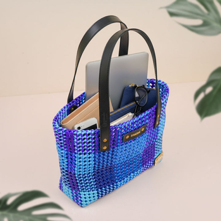 Blue Shades Checkered Handmade Wire Koodai Tote Bag